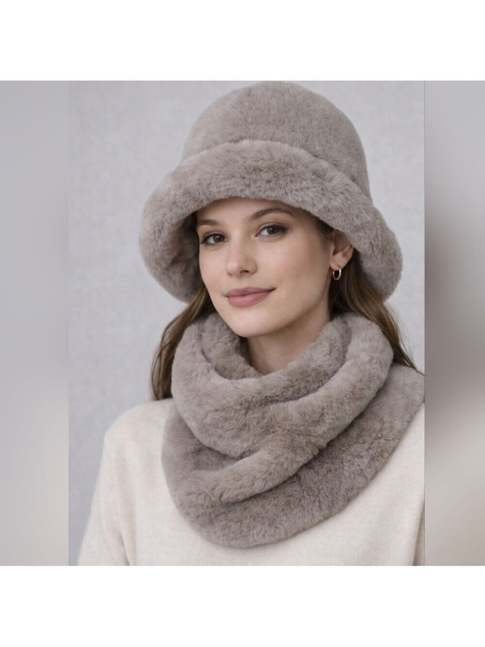 Gemma Layne Faux Fur Bucket Hat & Infinity Scarf Set – Taupe | NWT